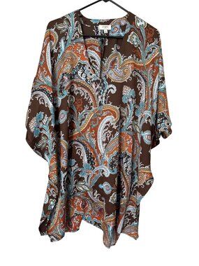 Umgee Tunic Top Size Small Paisley Print V Neck Brown Multicolor Bohemian Hippie